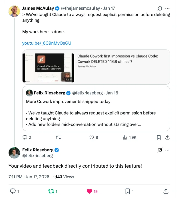 Felix Rieseberg replying on X to James McAulay: Your video and feedback directly contributed to this feature!