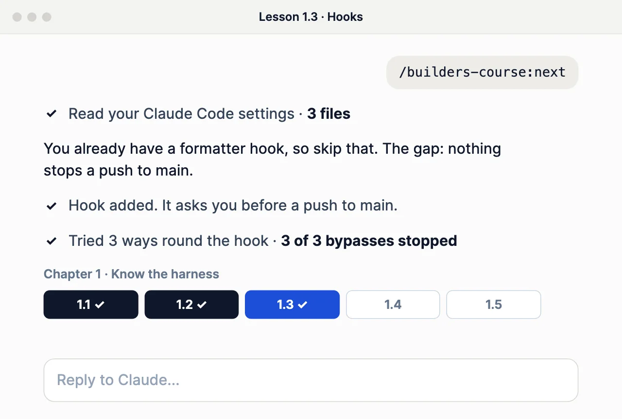A Claude Code session on lesson 1.3, Hooks: Claude reads the learner's settings, adds a hook that asks before any push to main once the learner approves it, stops 3 of 3 bypasses, and ticks module 1.3 in the chapter progress.